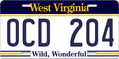 WV license plate OCD204