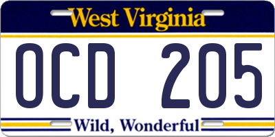 WV license plate OCD205