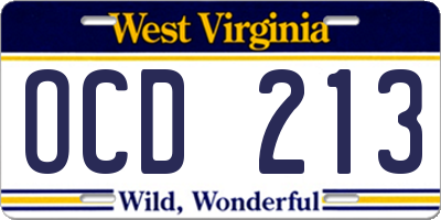 WV license plate OCD213
