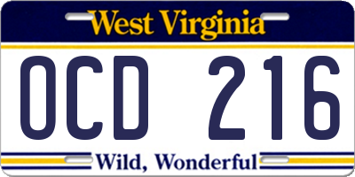 WV license plate OCD216