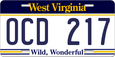WV license plate OCD217