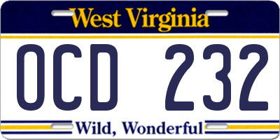 WV license plate OCD232