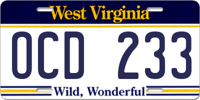 WV license plate OCD233