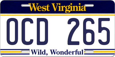 WV license plate OCD265