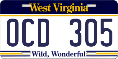 WV license plate OCD305
