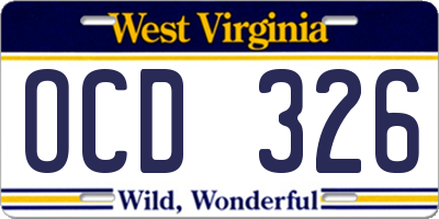 WV license plate OCD326