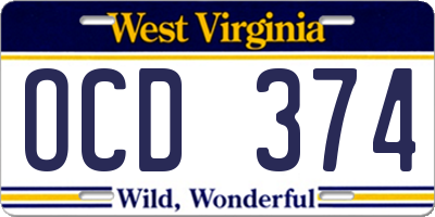 WV license plate OCD374