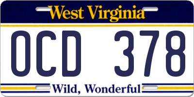WV license plate OCD378