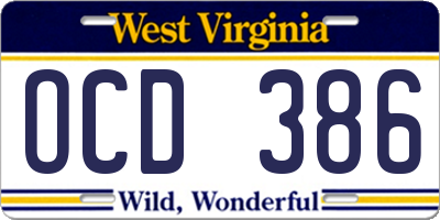 WV license plate OCD386