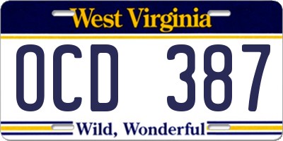 WV license plate OCD387