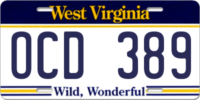 WV license plate OCD389