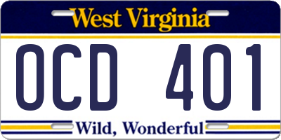 WV license plate OCD401