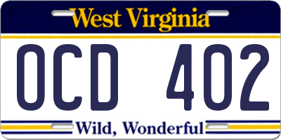 WV license plate OCD402