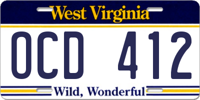 WV license plate OCD412
