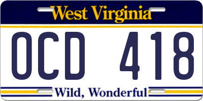 WV license plate OCD418
