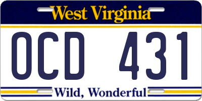 WV license plate OCD431