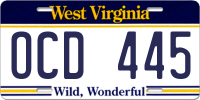 WV license plate OCD445