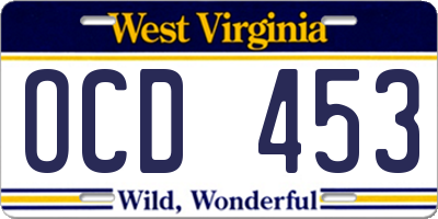 WV license plate OCD453