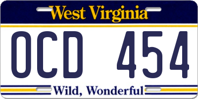 WV license plate OCD454