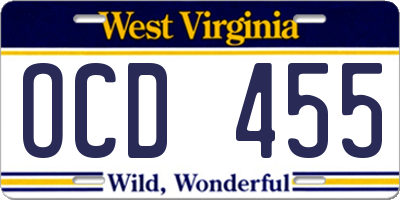 WV license plate OCD455