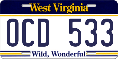 WV license plate OCD533