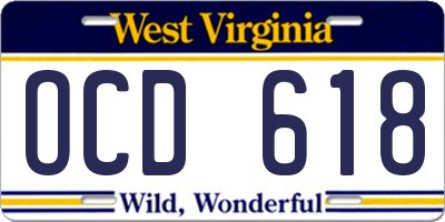 WV license plate OCD618