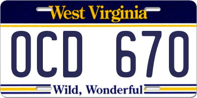 WV license plate OCD670