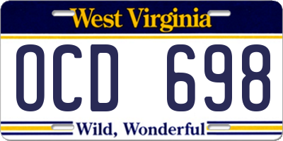 WV license plate OCD698