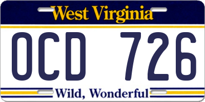 WV license plate OCD726