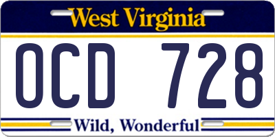 WV license plate OCD728