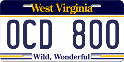 WV license plate OCD800
