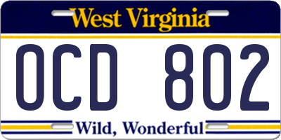 WV license plate OCD802