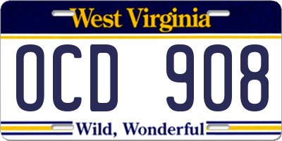 WV license plate OCD908