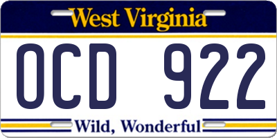 WV license plate OCD922