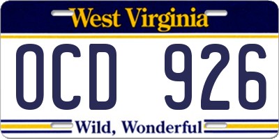 WV license plate OCD926