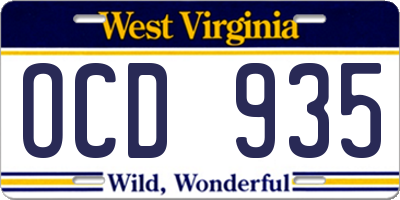 WV license plate OCD935