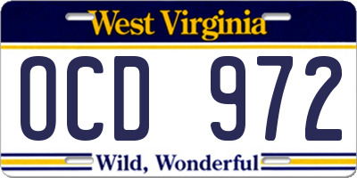 WV license plate OCD972