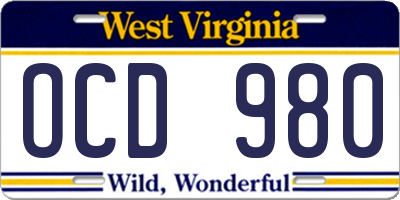WV license plate OCD980