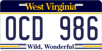 WV license plate OCD986