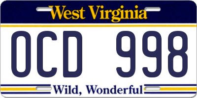 WV license plate OCD998