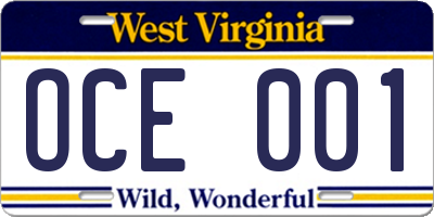 WV license plate OCE001
