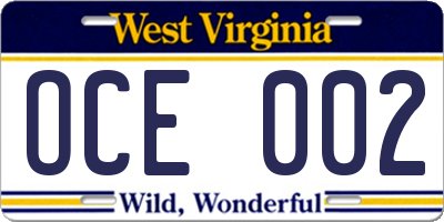 WV license plate OCE002