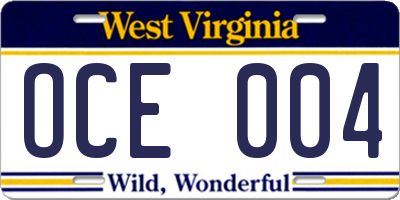 WV license plate OCE004