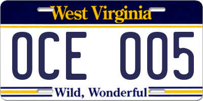 WV license plate OCE005