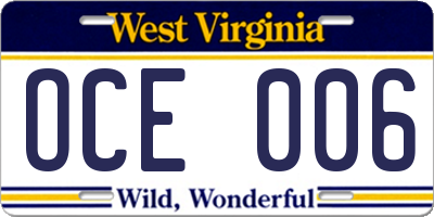 WV license plate OCE006