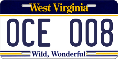 WV license plate OCE008