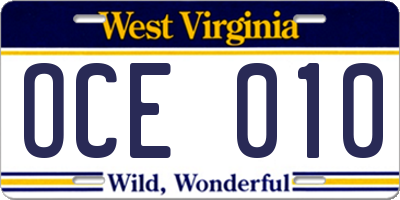 WV license plate OCE010