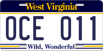 WV license plate OCE011