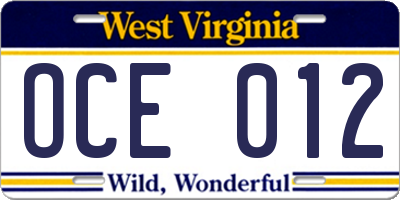 WV license plate OCE012
