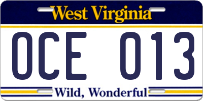 WV license plate OCE013